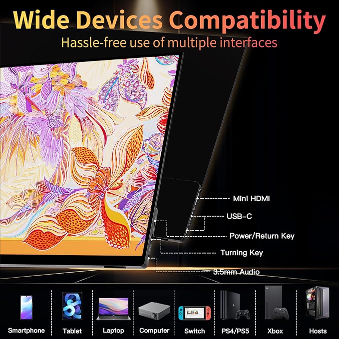 15.6" Portable Monitor for Laptop, 2K FHD 60Hz with USB-C & HDMI | HDR IPS screen；ultra-slim with built-in speakers & adjustable smart cover；compatible with PC, Mac, Phone, PS5, Switch, Xbox - Image 2