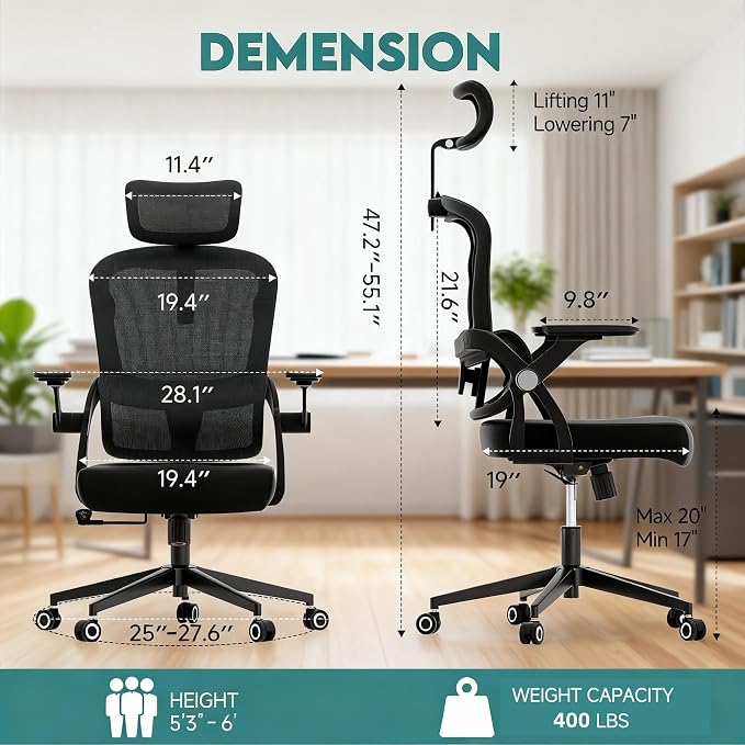 Ergonomic Office Chair with Adjustable Headrest and Lumbar Back Support, Mesh Computer Chairs with Wheels and Arms for Home,Office,Study - Image 2