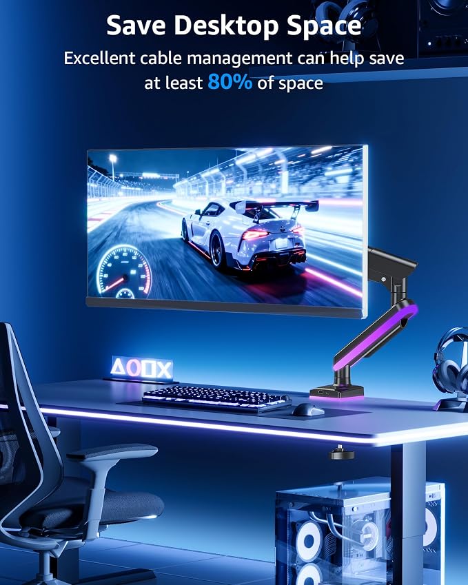 MOUNTUP RGB Single Monitor Arm Fits 32 27 24 22 inch, Holds 4.4-22lbs Screens, Monitor Stand for Desk with RGB Lights, 19 Modes, Computer Monitors Desk Mount, VESA Mount with Clamp & Grommet Bases - Image 2