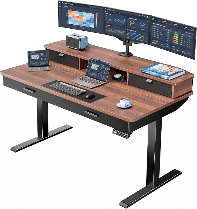 HUANUO 55 x 30 inch Electric Standing Desk with 2 Wood Drawers, Adjustable Height Sit Stand Desk for Home Office, Ergonomic Stand up Desk with 4 Memory Presets, 176 lbs Capacity, Walnut Top by HUANUO