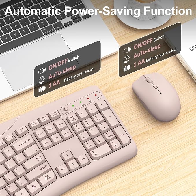 Wireless Keyboard and Mouse Combo, 2.4G Quiet Ergonomic Curved Keys(Pink) - Image 6