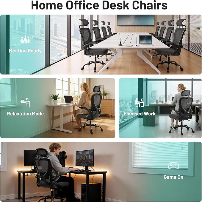 Office Chair - Ergonomic Desk Chair Breathable Mesh Chair with 2D Headrest & Adjustable Lumbar Support - Executive High Back Rolling Swivel Computer Gaming Chair with Wheels Flip-up Armrests - Image 9