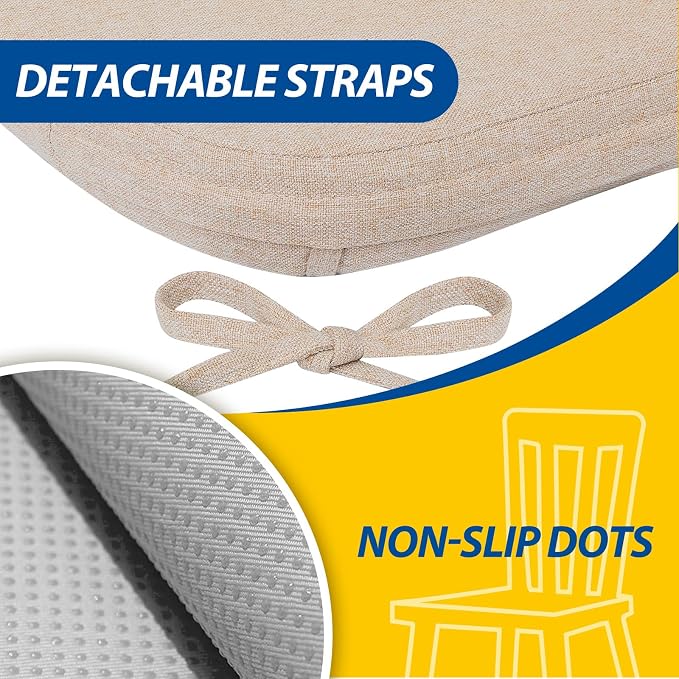 AAAAAcessories D-Shaped Chair Cushions, 2" Thick Dining Chair Pads with Ties and Removable, Machine-Washable Cover, 17" x 16", Set of 6, Oatmeal Beige - Image 5