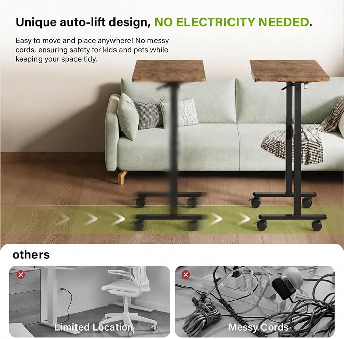 35" Pneumatic Standing Desk for Walking Pad with Wheels Drawer, Dark Wood | Height Adjustable Rolling Desk, Mobile Computer Workstation with Hook Locking Casters for Treadmill & Home Office - Image 6