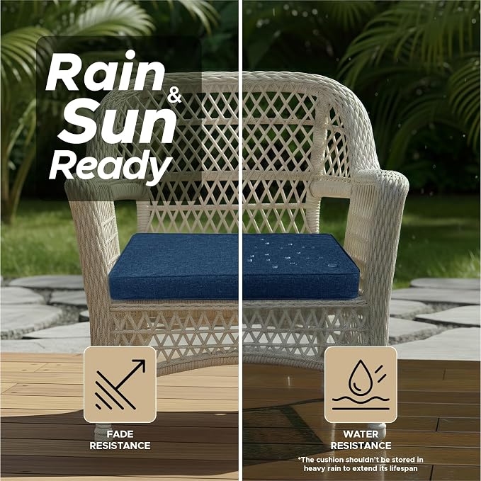 Outdoor Chair Cushions, Set of 4, 24 x 24 Inch, Navy Blue | Water Resistant, Fade Resistant, Patio Furniture Square Seat Replacement, Removable Cover with Ties, Non-Slip Bottom - Image 3
