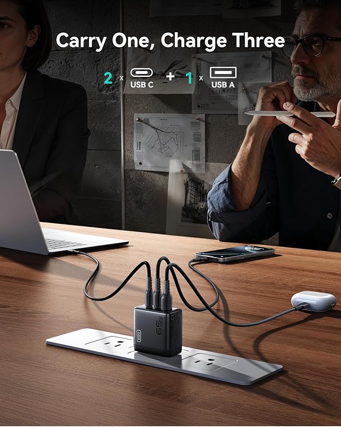 INIU USB C Charger, 3-Port 65W PD GaN Charger, Compact Foldable USB C Wall Charger Block for MacBook Pro/Air, Dell XPS 13, iPad Pro, Samsung Galaxy S23, Note 20/10+, iPhone 16/15/14 - Image 3