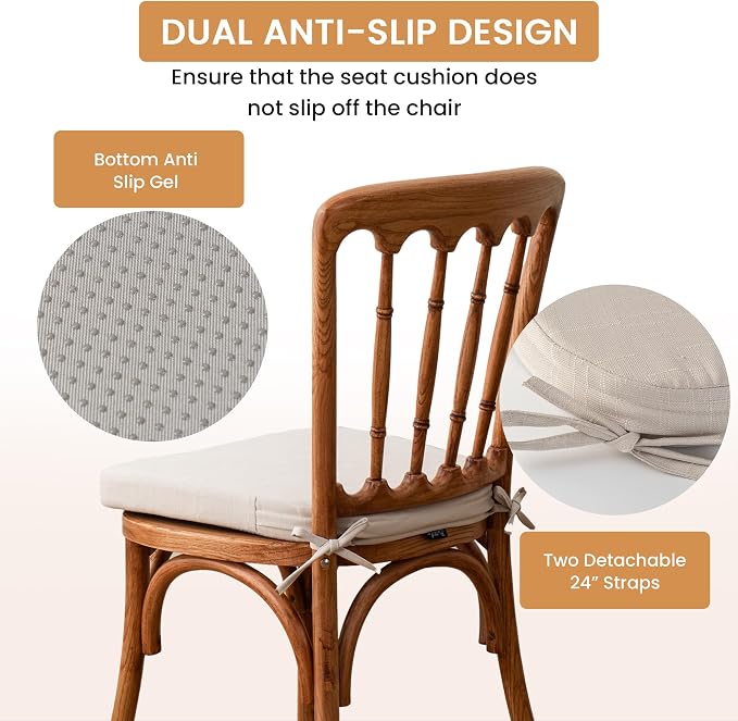 Battilo Chair Cushions for Dining Chairs with Ties, Indoor/Outdoor Waterproof Kitchen Chair Pad with Non-Slip Backing, Seat Cushions with Machine Washable Removable Cover, 16"x16"x2", Set of 4, Beige - Image 5