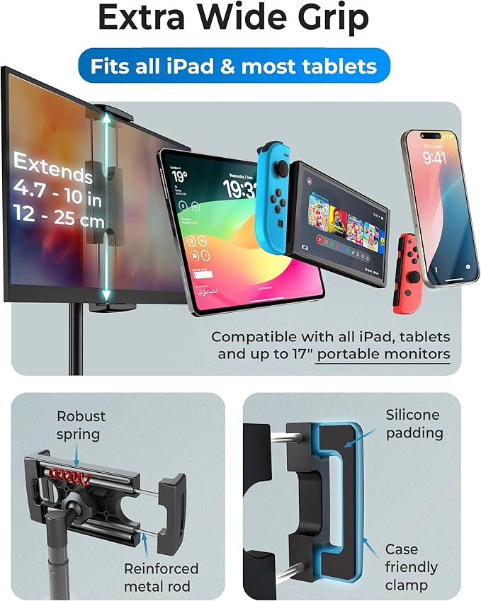 COOPER TabStand 20" Tall iPad Stand for Desk, Portable Monitor Stand Holder | 13-20" Adjustable, Holds 4.4lb, Weighted Metal Base, Desktop Tablet Stand, Tablet Mount, iPad Holder for Desk; fits Kindle - Image 6