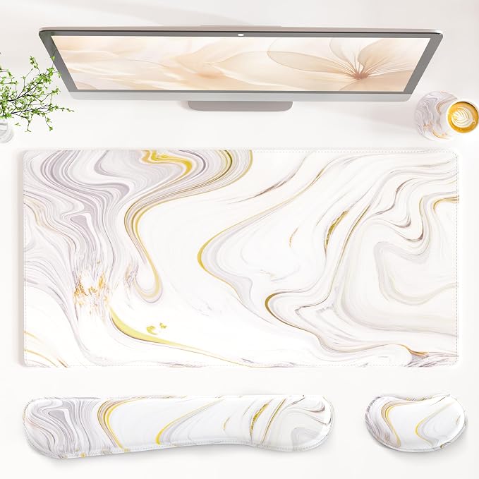 QIYI PU Leather Desk Mat Set, 4-in-1 Ergonomic Wrist Rest, White Marble | Waterproof Large Mouse Pad 31.5×15.7 + Keyboard Wrist Rest + Mouse Wrist Support+Coaster, Non-Slip Office Gaming Accessories by QIYI