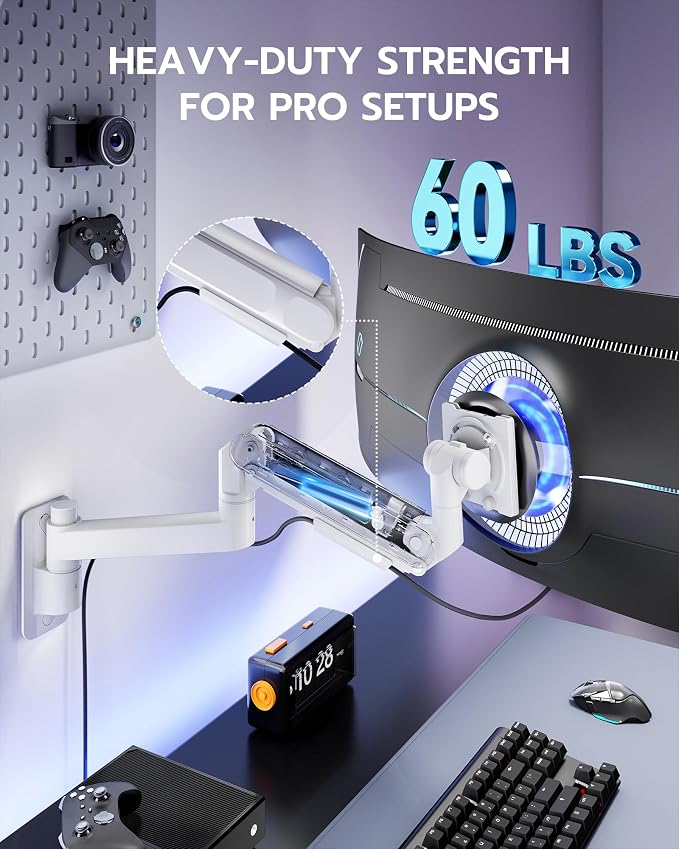 ARES WING Monitor Wall Mount for 24-57 Inch Ultrawide Screen, White | Premium Heavy Duty Gaming Monitor Arm for 60 lbs, Full Motion Gas Spring, Bearing Head for Easy Adjustment, 75/100 VESA Mount - Image 3