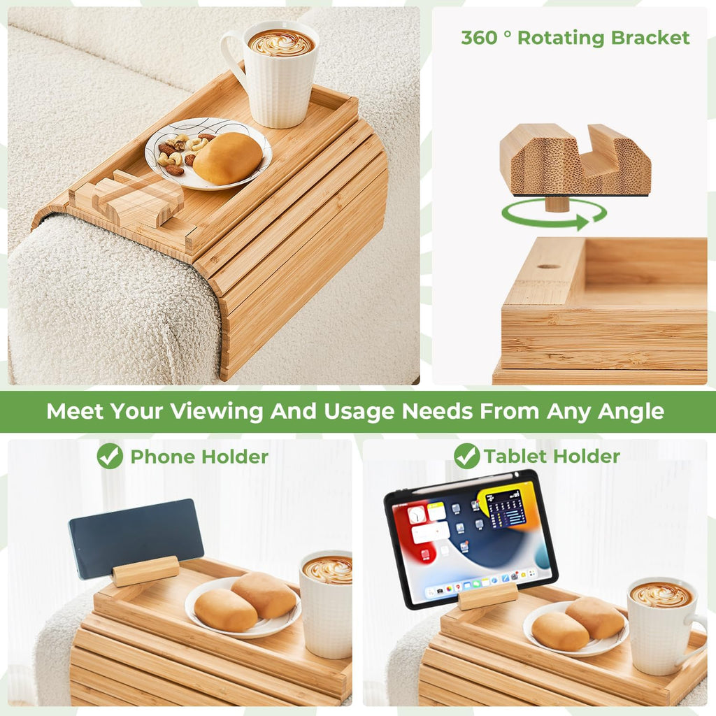 Bamboo Sofa Arm Tray, Anti Falling Couch Arm Tray Armrest Table with 360° Rotating Phone Holder, Foldable and Portable Sofa Armrest Trays Cup Holder for Drink,Cups, Phone, Snacks, Remote - Image 4