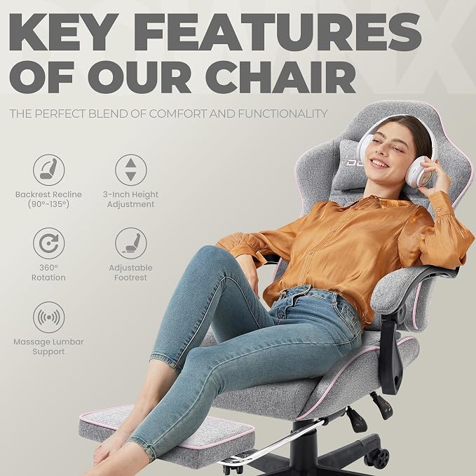 Dowinx Gaming Chair Fabric with Pocket Spring Cushion, Massage Game Chair Cloth with Headrest, Ergonomic Computer Chair with Footrest 290LBS, Pink and Grey - Image 8