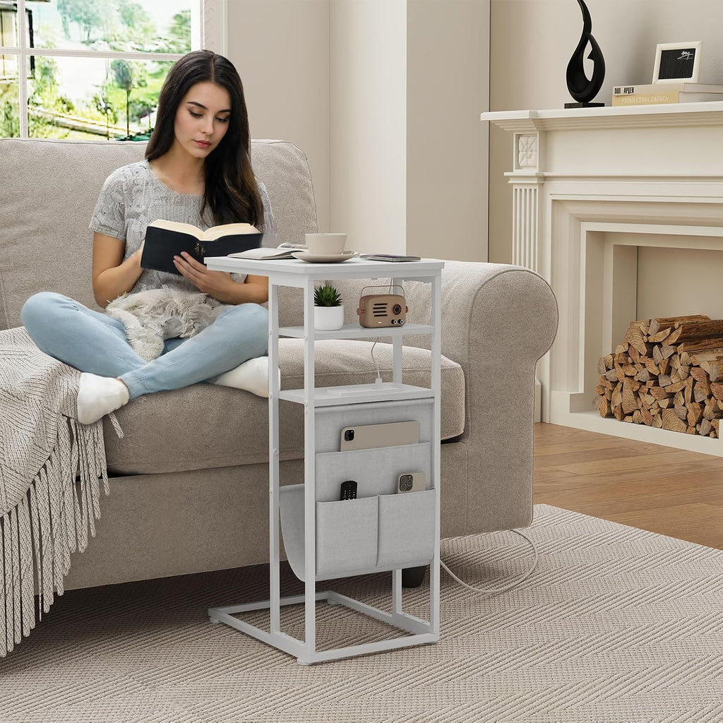 C Shaped End Table with Charging Station, 28"(H) 3-Tier C Table with Storage Bag, Under Couch Table C-Shaped End Table with Storage Shelves and Bag for Living Room, Bedroom, or Office - Image 2
