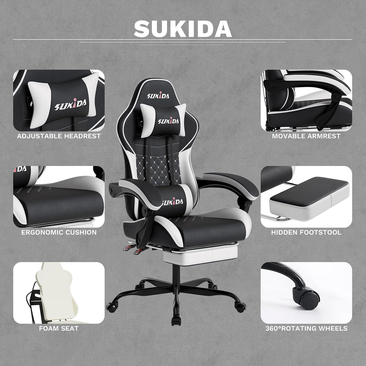 Ergonomic Video Gamer Chairs Gaming Computer Chair Gamer Chairs for Adults Massage Lumbar Support Swivel Height Adjustable Headrest Backrest - Image 5