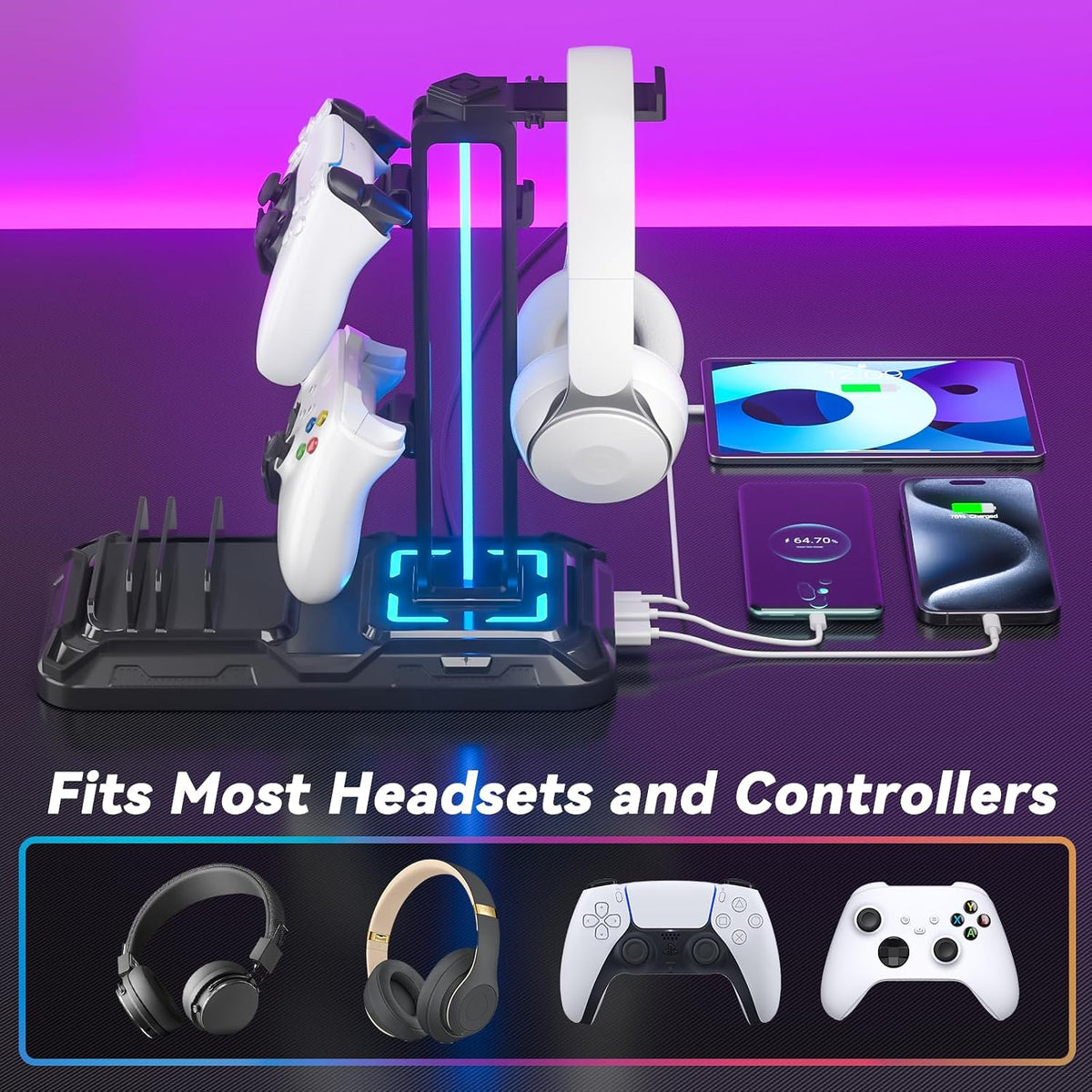 KDD Headset Stand with Charging Station - Detachable Controller Holder with 9 Light Modes - Rotatable Headphone Hanger with USB A&C Charger Ports - Earphone Hook for PC Gaming Accessories Storage - Image 5