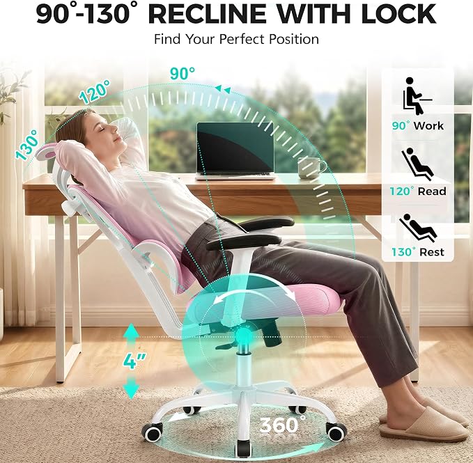 Ergonomic Office Chair High Back Desk Chair with Lumbar Support, Breathable Mesh Computer Chair with Adjustable Armrests Height, Reclining Swivel Big and Tall Gaming Chair for Home Office(Pink) - Image 3