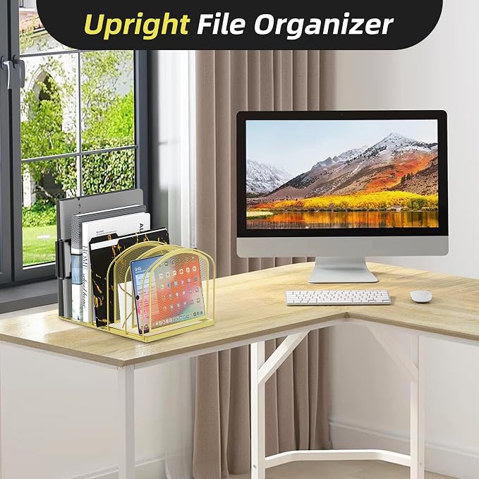 5-Section File Organizer for Desk, Metal File Folder Holder, Gold | 5 Vertical Compartments with Sturdy Metal Base for Office Documents Books Magazines and Laptop - Image 5