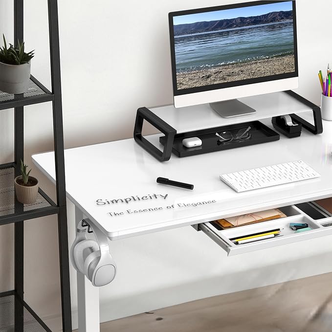SHW 48-Inch Glass Electric Height Adjustable Standing Desk, White | w/ Monitor Riser | Memory Presets and Cable Management | Drawer with Built-in Compartments | Hanging Hooks - Image 5