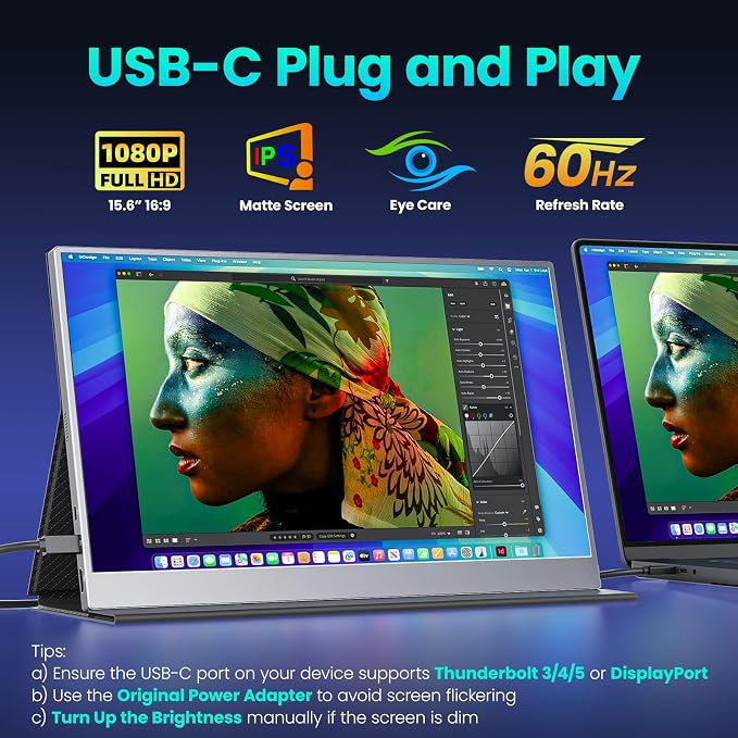 Upperizon Portable Monitor 15.6 inch FHD 85% sRGB 60Hz HDR HDMI USB-C Travel Monitor for Laptop MacBook PC Surface PS5 Xbox, External Display with Cover & Speakers, VESA Compatible - Image 2