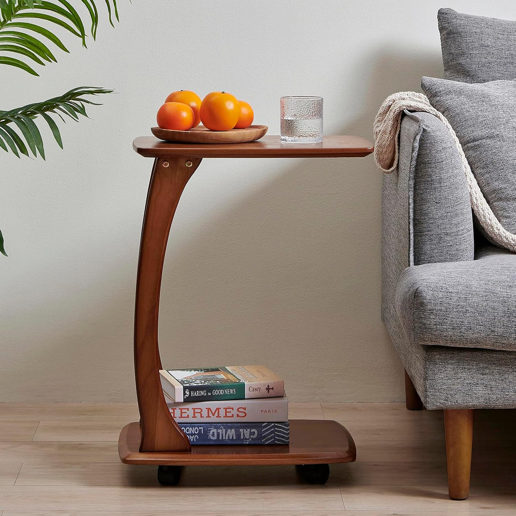 Solid Wood C Shaped End Table with Wheels,Walnut Color(13.7"W) - Image 3