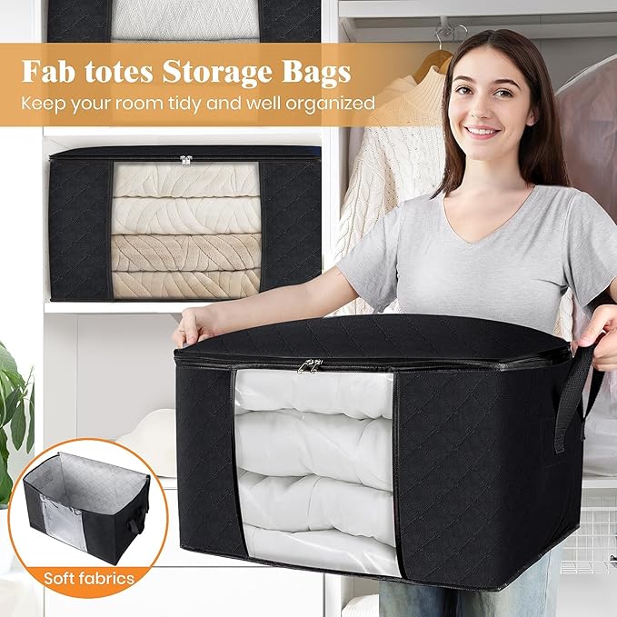 Fab totes 3 Pack Storage Bags for Clothes Blanket Storage Bins with Lids | Foldable Closet Organizers with Zippers,Window and Handles,Fabric Storage Bins for Sweater,Comforter,Bedding,Dorm essentials - Image 5
