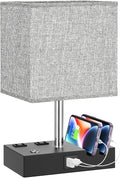 Touch Bedside Table Lamp for Bedroom, 3-Way Dimmable, USB C+A, 2 AC Outlets | Base Touch Button Only, USB C+A Ports, 2 Phone Stands, LED Bulbs Included, Rectangle Grey Lampshade, for Living Room, Desk by KakanuoLightings
