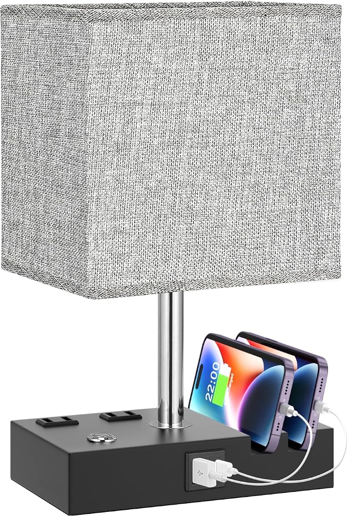 Touch Bedside Table Lamp for Bedroom, 3-Way Dimmable, USB C+A, 2 AC Outlets | Base Touch Button Only, USB C+A Ports, 2 Phone Stands, LED Bulbs Included, Rectangle Grey Lampshade, for Living Room, Desk by KakanuoLightings