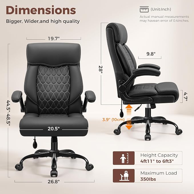 Ergonomic Office Chair with Lumbar Support, Executive Leather Computer Desk Chair with Flip Up Arms & Rocking Function, High Back Big and Tall Comfortable Gaming Chair for Home Office - Image 2