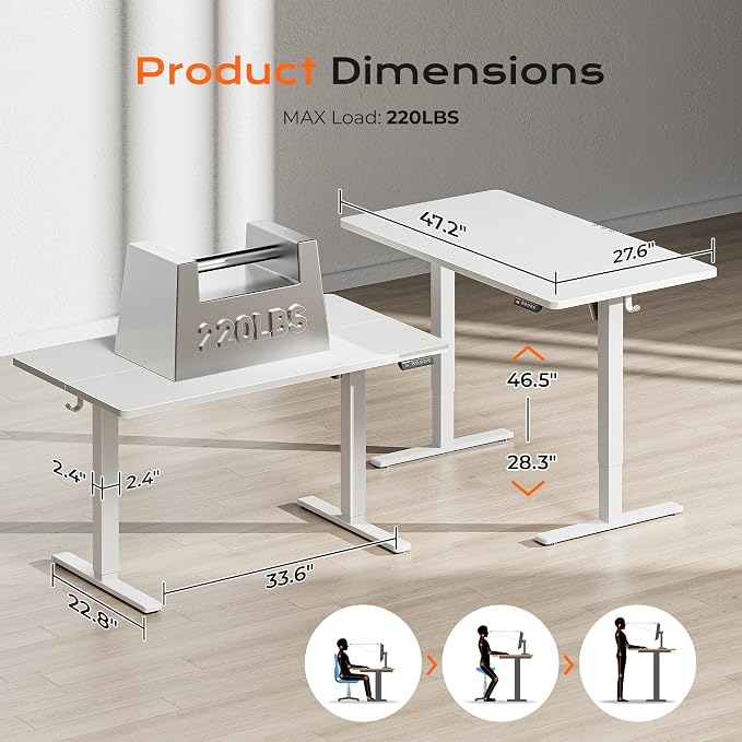 Huuger 48 x 28 Large Electric Standing Desk, Height Adjustable Desk, 27.6" Deep Desktop, Stand up Gaming, 2 Hooks, 3 Preset Heights, for Home Office, White - Image 2