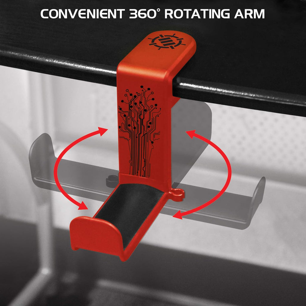 ENHANCE PC Gaming Headphone Holder - Desk Headphone Hanger Esports Headset Holder with Adjustable 360 Rotation, Under Desk Hook Clamp, Universal Fit - Built in Cable Clip Organizer - Red - Image 4