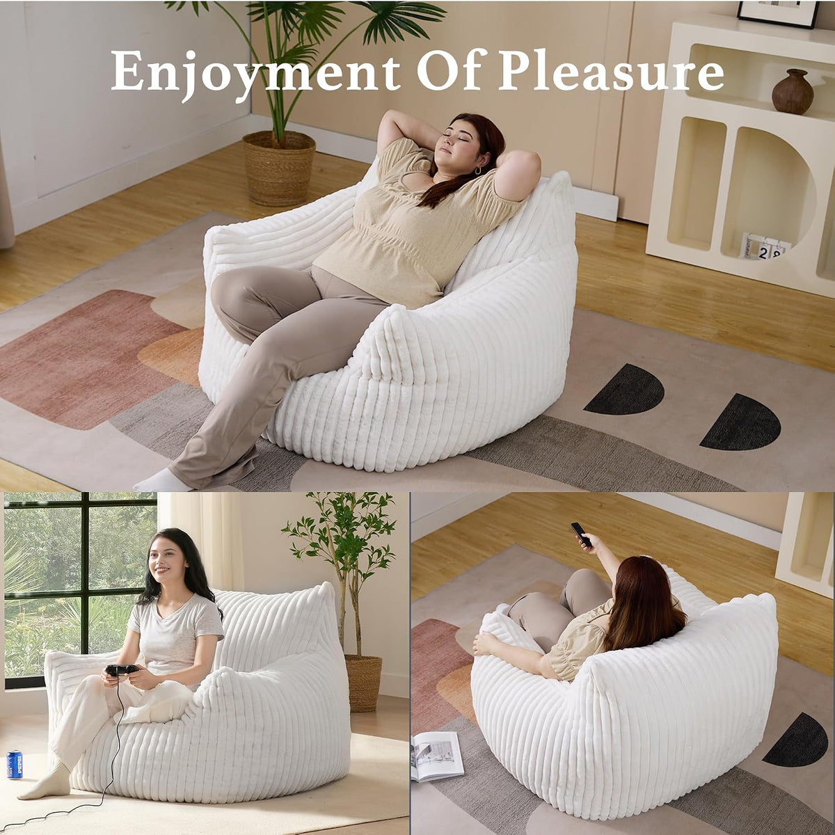 Giant Plush Bean Bag Chair for Adults with Armrests - Oversized Comfy Beige Beanbag Lounge Lazy Floor Sofa Accent Chair for Living Room, Bedroom & Dorm, Cozy Fluffy Single Cloud Mini Couch - Image 7