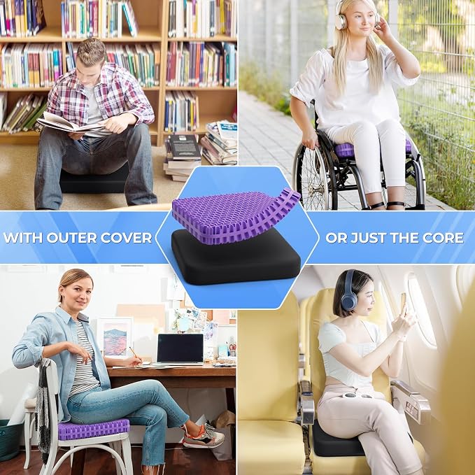 TushGuard Gel Seat Cushion for Long Sitting, Breathable Thick Patent Design | Enlarged Cooling Chair Pad for Office Chair, Wheelchair, Desk Chair, Supportive Car Cushion (2"Thick, Black+Violet) - Image 7