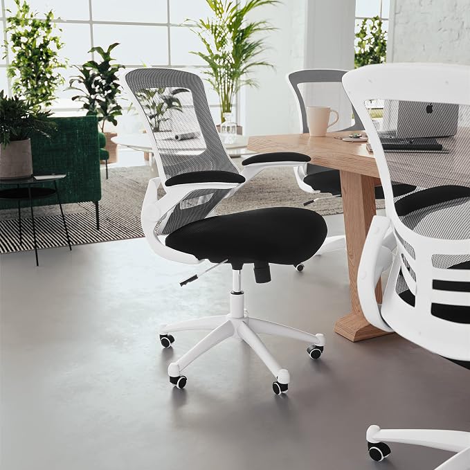 Flash Furniture Kelista Office Chair, Ergonomic, Mid-Back, White Frame, Black Mesh with Swivel | White Frame, Mid-Back, Flip-Up Arms, Mesh Back - Image 2