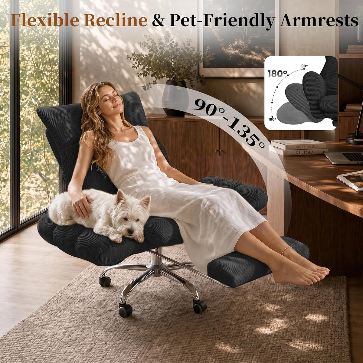Cross Legged Office Chair, Cloud Desk Chair with Flip-Up Arm Rests, Foot Rest, Wide Seat, Comfy Executive Ergonomic Computer Gaming Chair, Black - Image 3