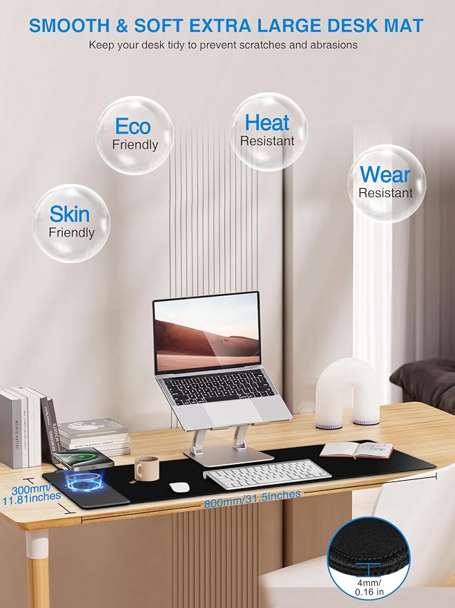 TopMade Wireless Charging Mouse Pad, Gaming Mousepad with Ultra-Smooth Surface, Non-Slip Base, Waterproof Computer Desk Pad, 31.5"x11.81" XL Large Desk Mat for MacBook, PC, Laptop - Image 3