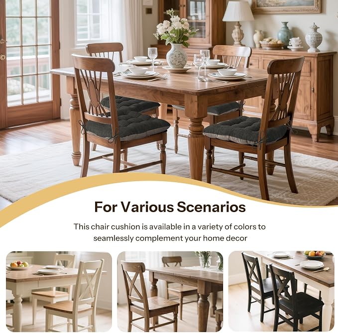 Chair Cushions for Dining Chairs Set of 4, 18"x18"x3", Dark Grey | Non-Slip with Ties, Tufted, Faux Linen, Seat Cushions for Dining Room Kitchen Breakfast Nook Indoor Home Office Living Room - Image 5