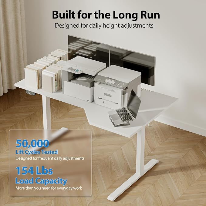 Agilestic 59 x 35 Inch Corner L Shaped Electric Standing Desk, White | Electric Height Adjustable, L-shape Workspace, Sturdy Steel Frame, Memory Preset, Hooks, 154 lbs, Easy Assembly, Splice Board - Image 7
