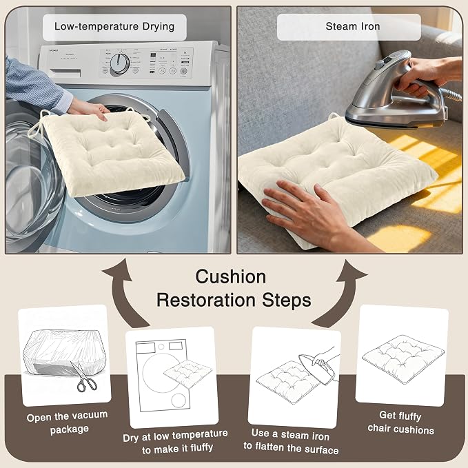 OVOV 2 Pack Chair Cushions for Dining Chairs 15.5"x15.5" Cream | Soft-Touch Velvet Fabric for Farmhouse Decor, Fit for Kitchen Dining Office Chairs, Upgrade Chair Comfort, with Durable Ties - Image 7