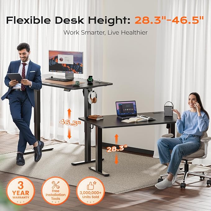 Huuger 55 x 28 Large Electric Standing Desk with 4 AC Outlets, Type-C Port, Height Adjustable Computer Desk, 27.6" Deep Desktop, Stand up Gaming Office Desk, 3 Preset Heights, for Home Office, Black - Image 3