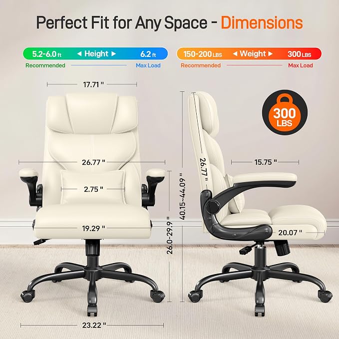 Office Chair, Executive Mid-Back Computer Desk Chair with Flip-up Armrests | 300 Lbs Ergonomic Leather Swivel PC Chair with Rock Function for Working Studying (Creamy White) - Image 2