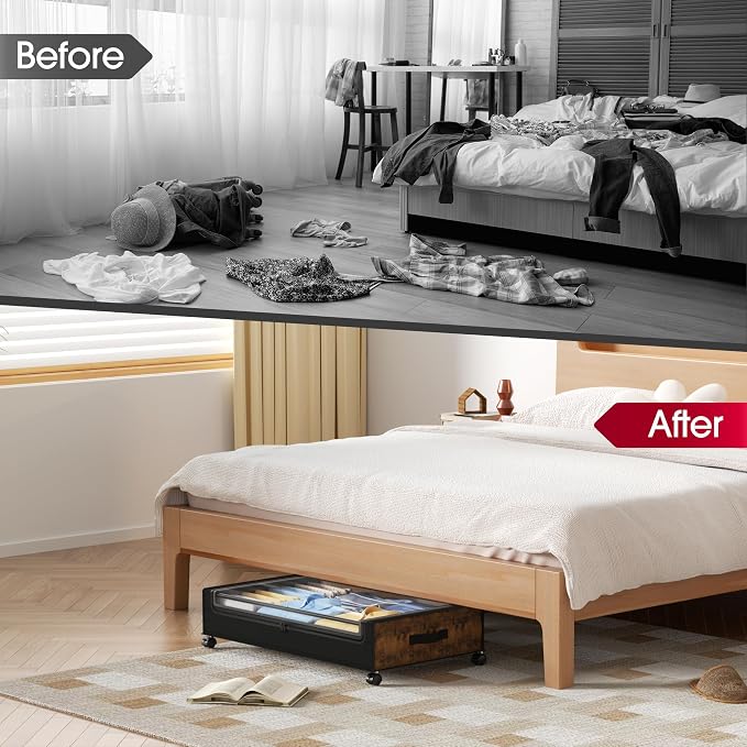 Yecaye Under Bed Storage with Wheels, 2Pack Under Bed Storage Containers, Underbed Shoe Storage Organizer, Rolling Under Bed Metal Drawers for Clothes, Blankets, Brown - Image 7