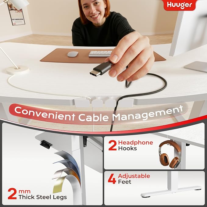 Huuger Electric Standing Desk with Power Outlets and USB-C Port, 55 X 24 Inch Height Adjustable Desk, Sit Stand Desk for Home Office, Computer & Gaming Desk with 4 Presets, Stable Steel Frame, White - Image 6