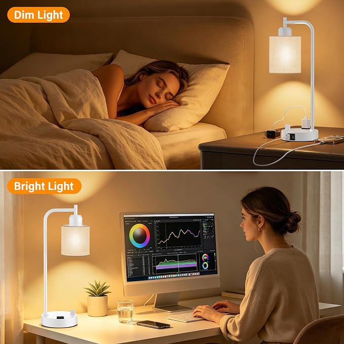 Industrial Table Lamps with Linen Shade, Set of 2 Fully Dimmable Bedside Lamps with USB A+C Ports and Outlet, White Nightstand Desk Lamps for Bedrooms Living Room Office, 2 LED Bulbs Included - Image 7