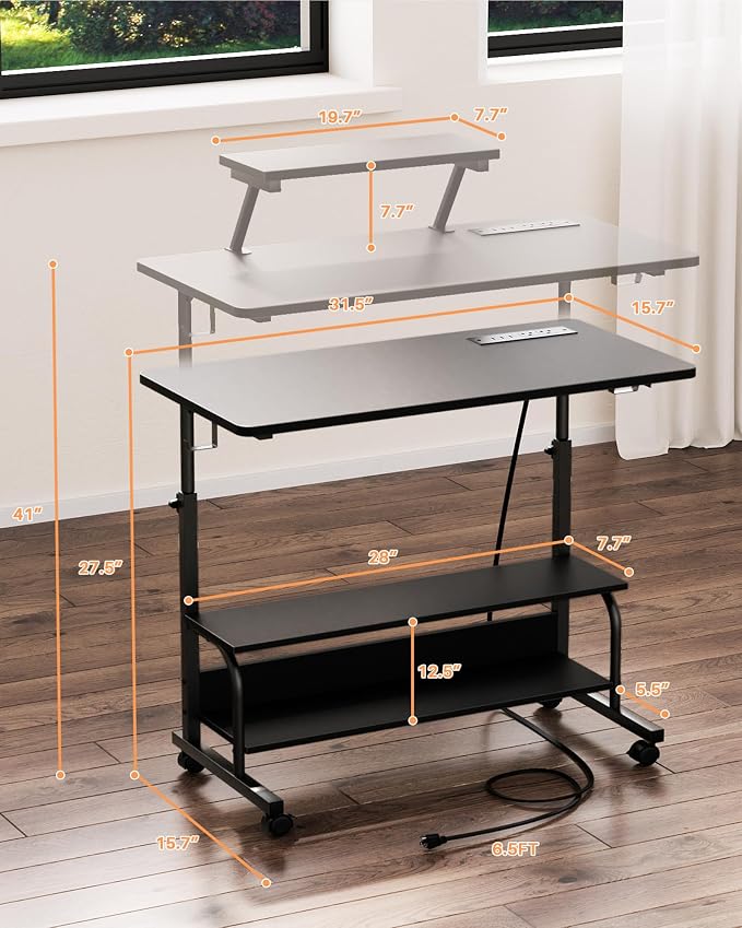 Height Adjustable Standing Desk with Power Outlets and LED Lights - 32" Manual Stand Up Desk with Monitor Stand and Storage Shelves Small Mobile Rolling Computer Desk Portable Laptop Table, Black - Image 3