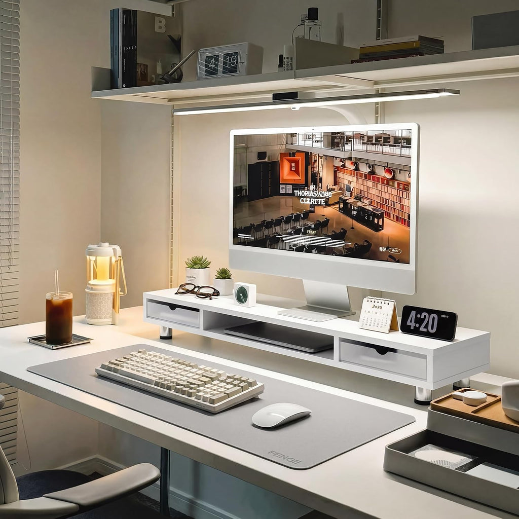 Fenge Dual Monitor Riser with 2 Drawers, 42.5in Long Desk Shelf, White - Image 7
