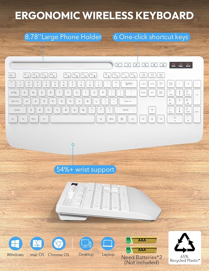 Wireless Keyboard and Mouse Combo, Full Size, Ergonomic Wrist Rest | 2.4G Lag-Free, 3-Level DPI, Phone Holder, Silent Typing, KM23D Batteries Powered Set for PC, Laptop, Windows, macOS (White) - Image 6