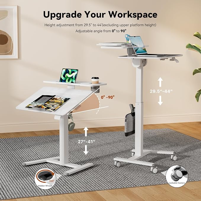 28" Glass Standing Desk, Tiltable Top with 2-Tier Shelves, White | Pneumatic Rolling Desk, Adjustable Height Mobile Computer Workstation, Portable Studio Drafting Table & Laptop Cart on Wheels - Image 3
