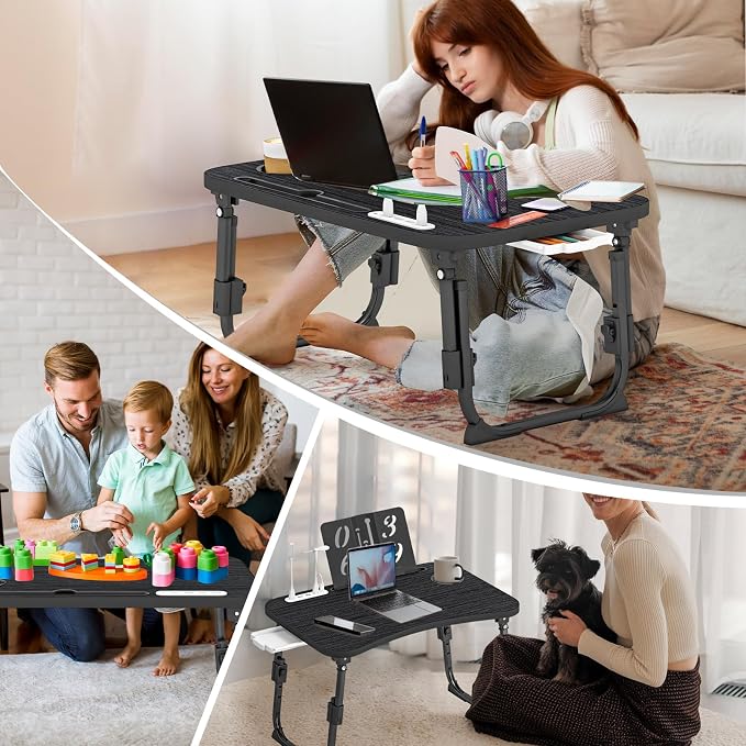 Lap Desk for Bed Adjustable Height, Foldable Bed Table with Storage Drawer, Tablet Slot & Cup Holder, Portable Laptop Stand for Bed & Sofa, Bed Desk for Adults & Kids, Black - Image 6