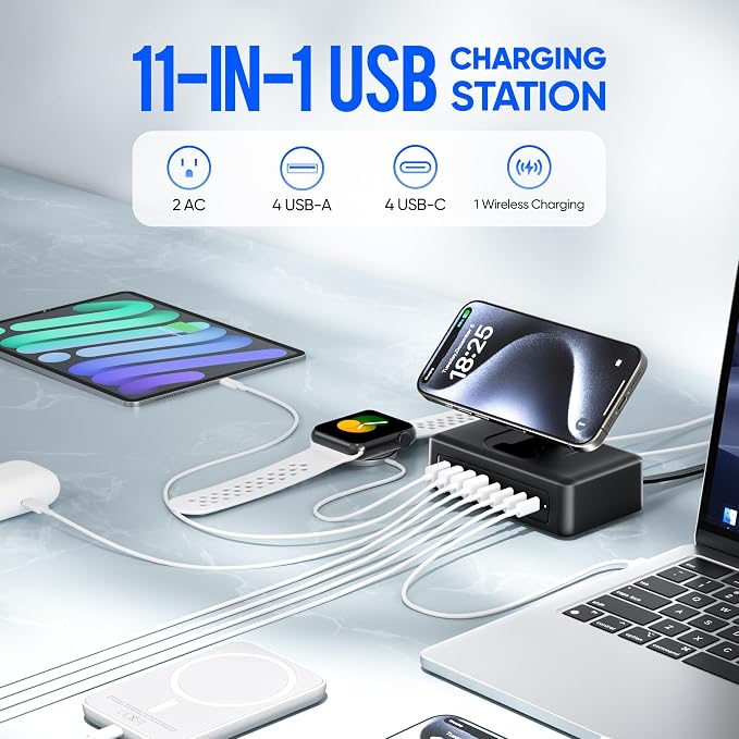 200W USB Charging Station, 11-in-1 USB C Power Strip Surge Protector, 2AC Outlets & 8USB Ports, 5ft Flat Plug Extension Cord with Multiple Devices, Desktop Charger for Home Office Desk Accessories - Image 2