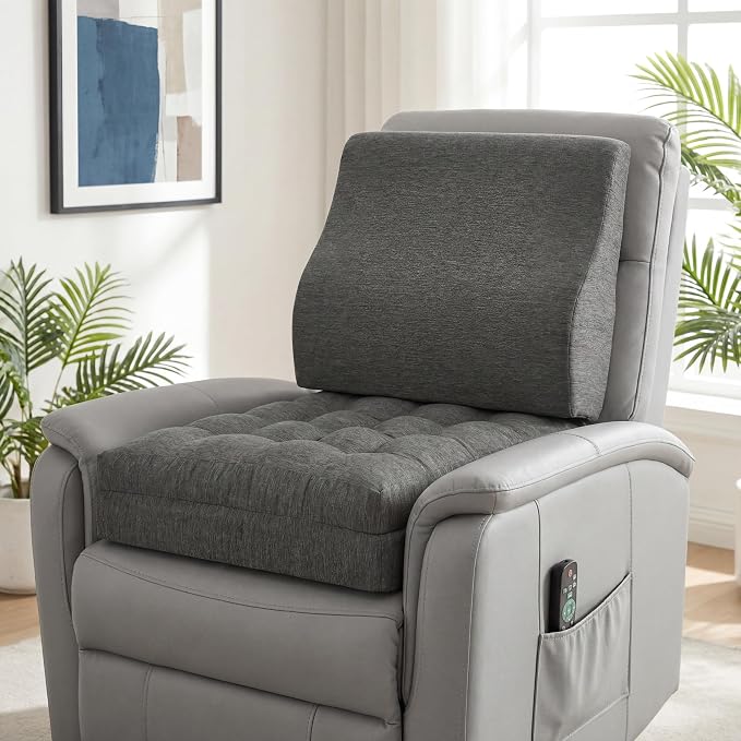 baibu Memory Foam Recliner Cushions with Lumbar Support Pillow Set for Elderly, 20x20x5 Inch Dual-Layer Non-Slip Recliner Seat Cushion & Back Support Pillow for Reduce Hip & Lumbar Pain, Dark Grey - Image 2